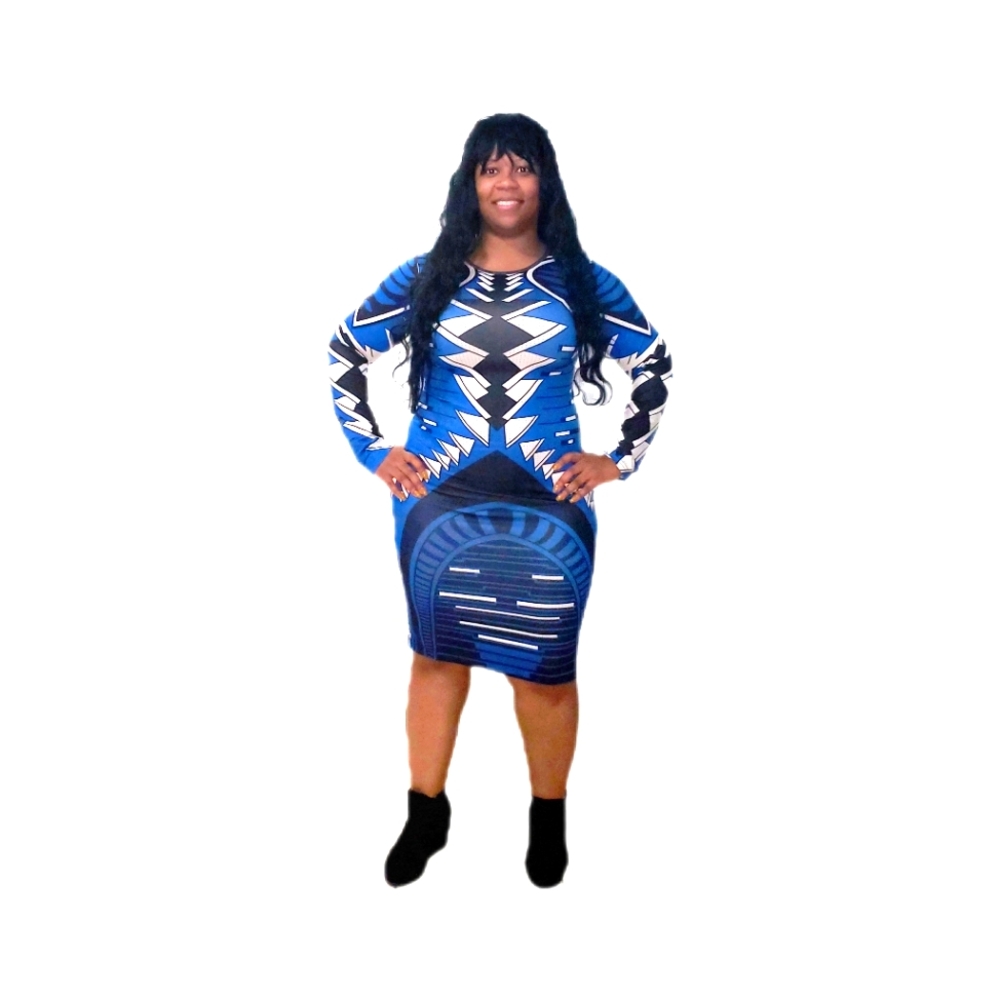 Blue Bold Print Fitted Dress